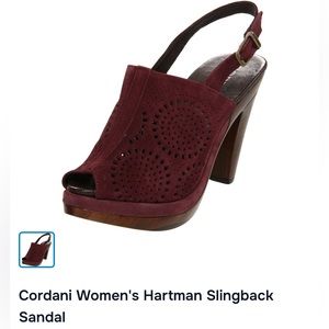 CORDANI Sz 38 Bordeaux Perforated Suede Slingback Wooden Heels Orig $198